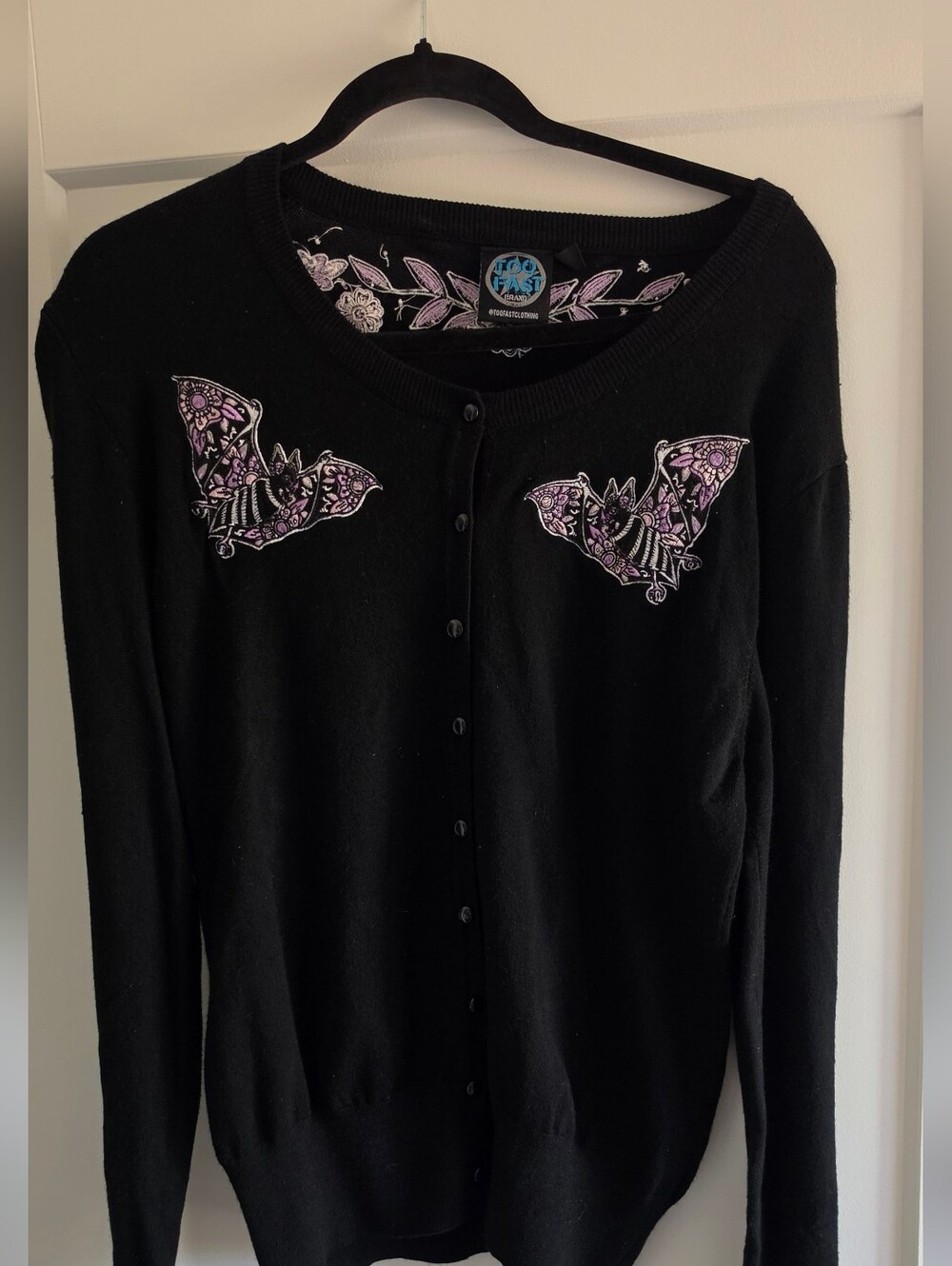 Too Fast Black Cardigan with Purple Bat Embroidery